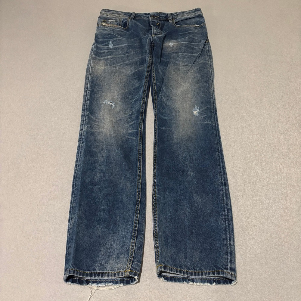Diesel Mens 31x32 Waykee Regular Straight Jeans Blue Distressed Wash Streetwear